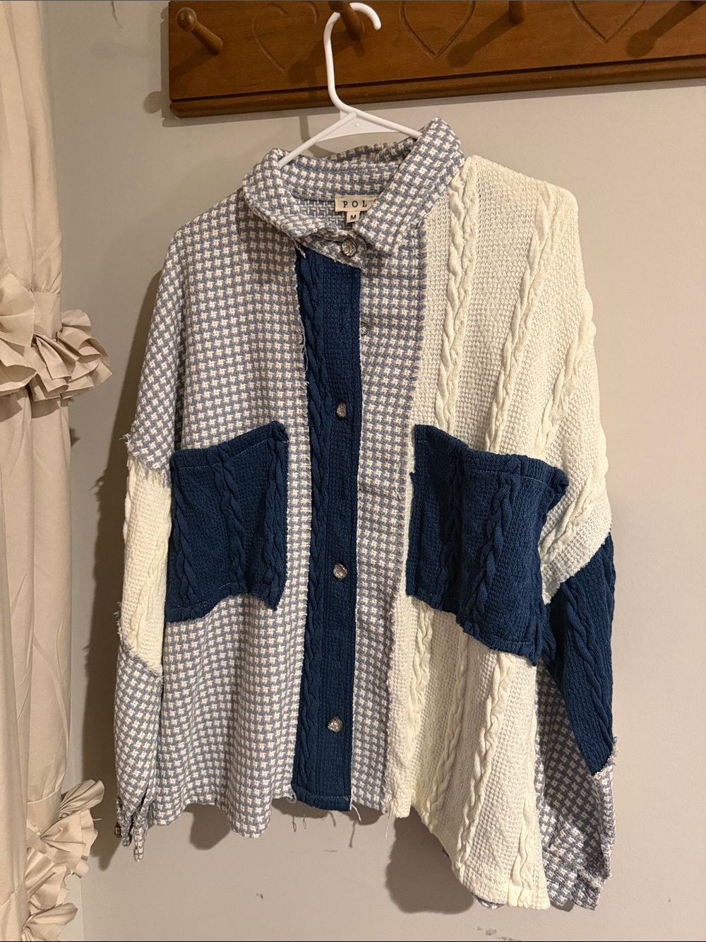 POL Two-Tone Blue and Cream Patchwork Cable Cardigan